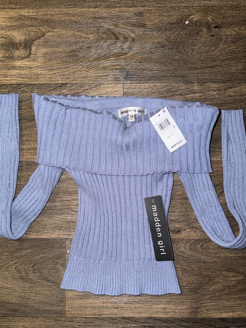 Women’s NWT Madden Girl Off-Shoulder Ribbed Sweater Size XS Rustic Blue Lavender